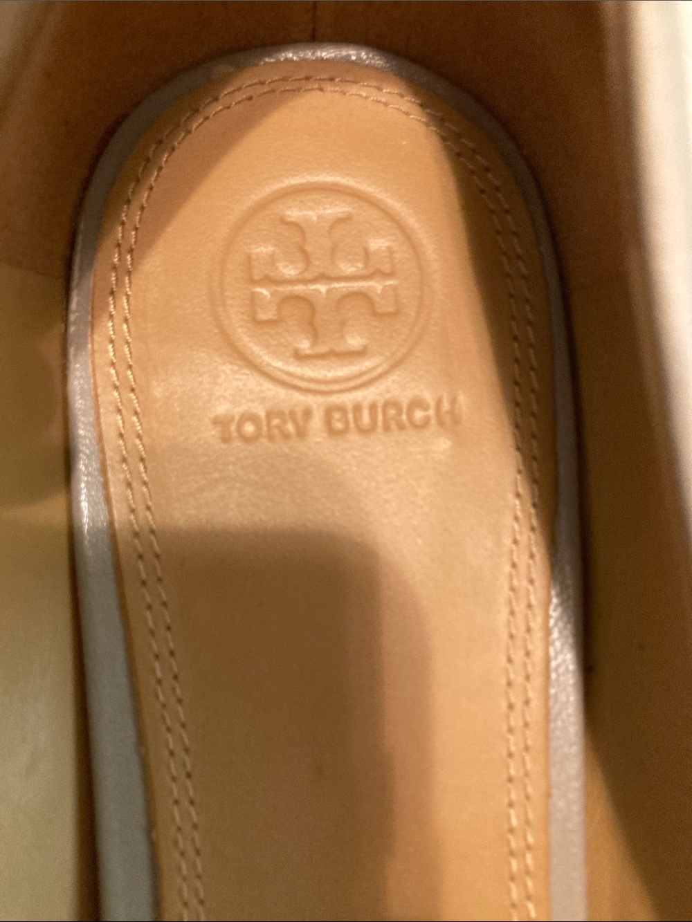 Tory Burch Chelsea Taupe Leather Logo Ballet Flats with Gold Medallions - Picture 11 of 12